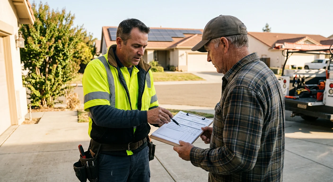 Technician reviewing commercial solar array cost estimate on a Tracy rooftop worksite