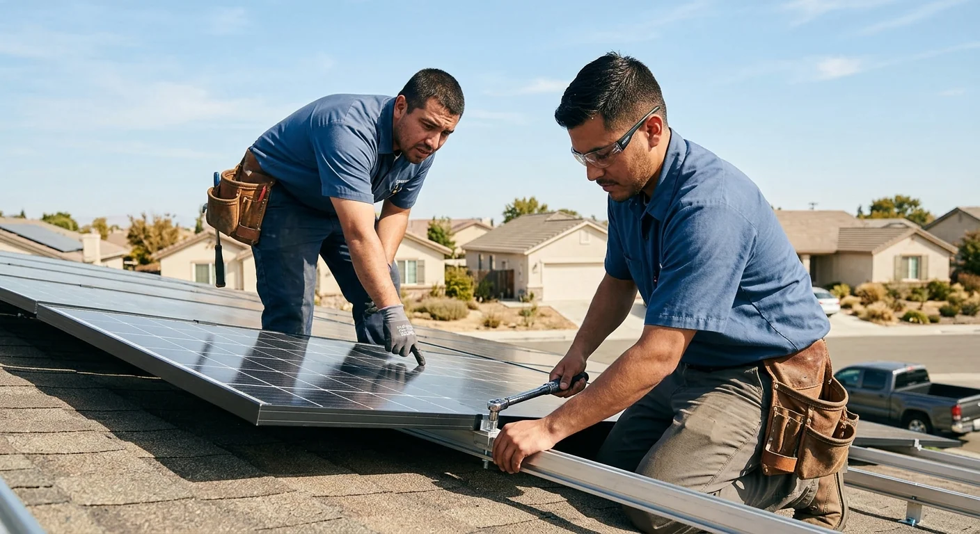 Technicians aligning solar racking on a Tracy commercial rooftop during installation