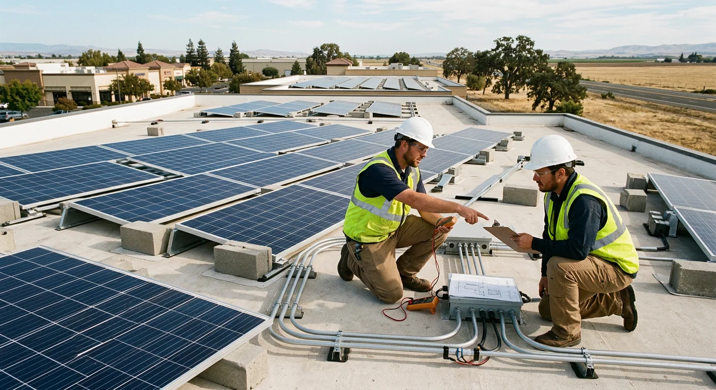Wide shot of ballasted solar array on a flat commercial roof in Tracy