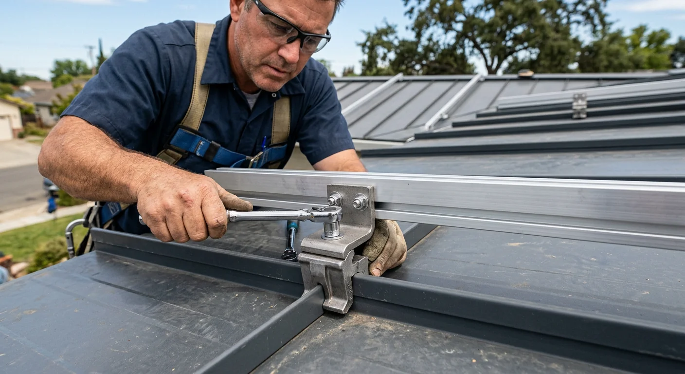 Close-up of standing-seam roof clamps securing solar mounting rails