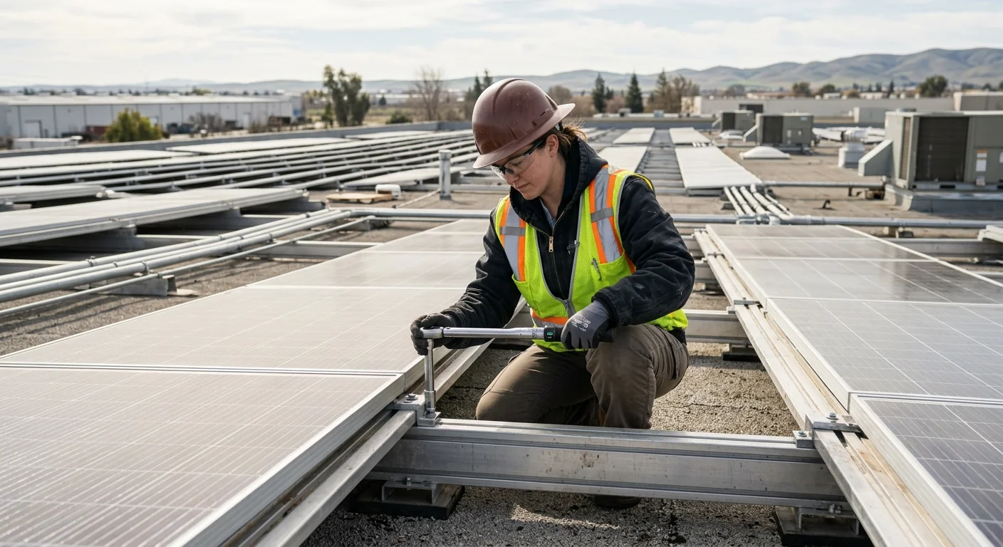 Technician torquing mounting hardware on a commercial warehouse rooftop