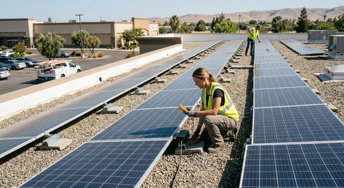 Finished rooftop solar array with balanced panel alignment across a retail building