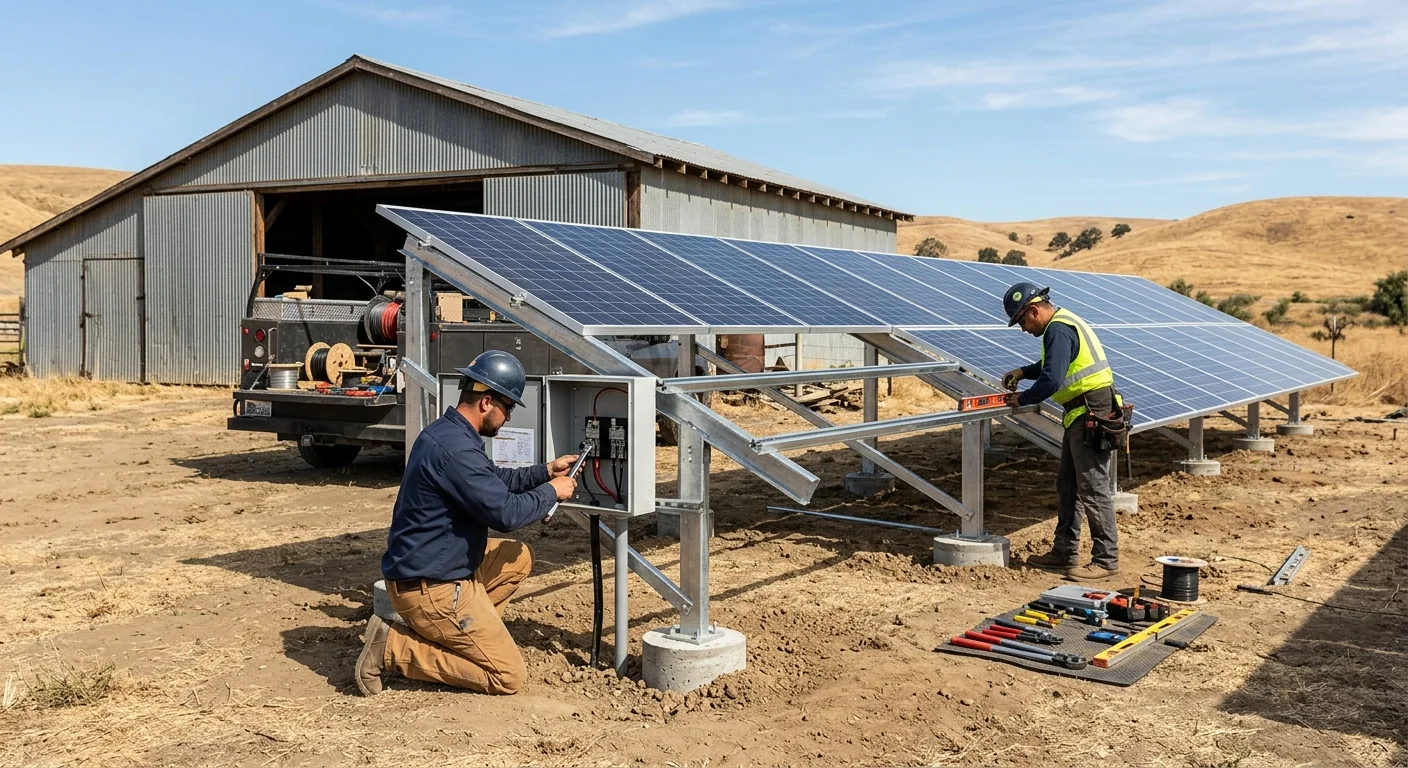Ground-mount solar system installed beside an agricultural outbuilding in Tracy