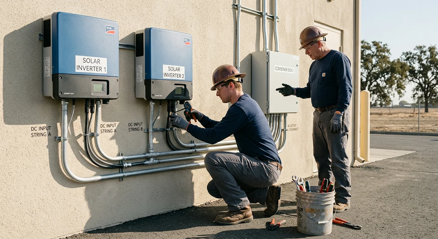 Labeled inverters and combiner box wired on an exterior commercial wall