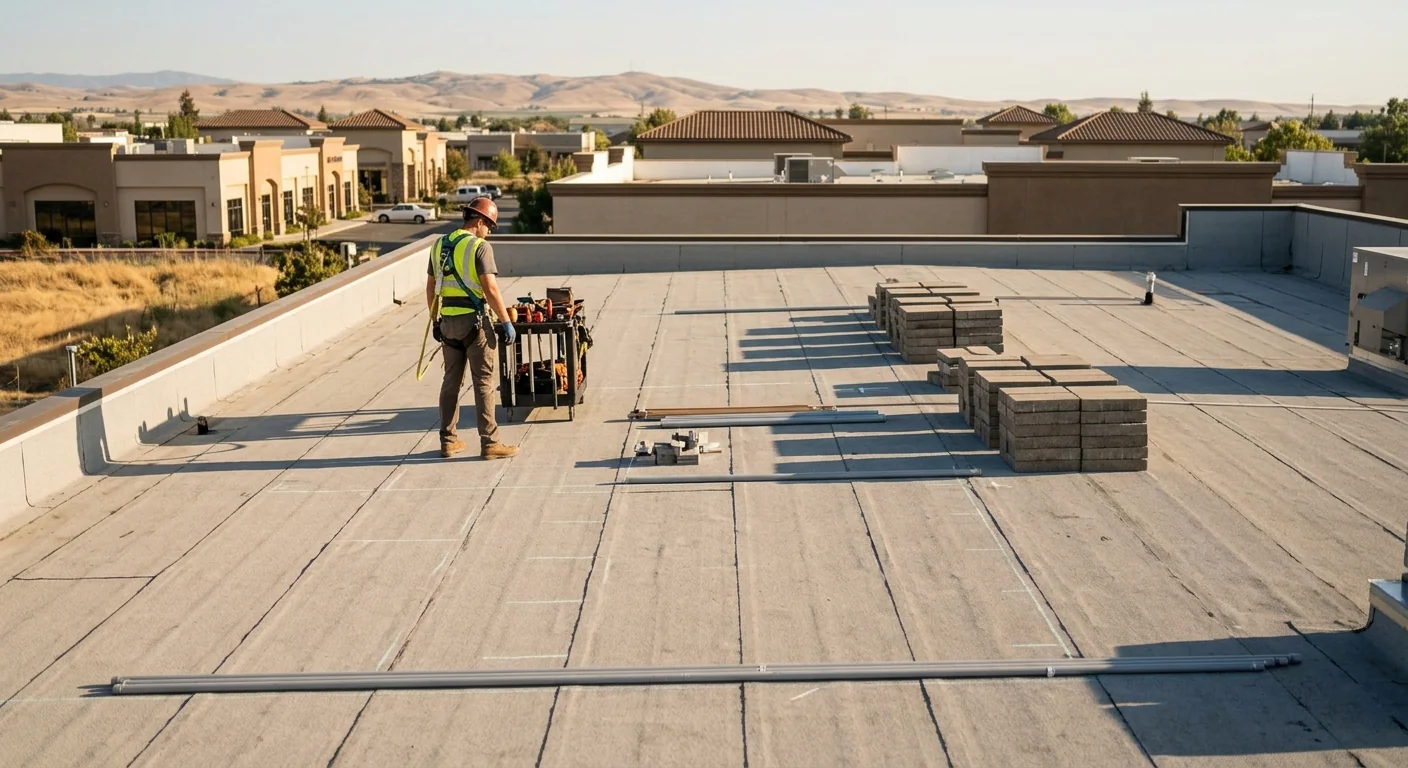 Before-context view of an empty flat commercial roof ready for solar installation
