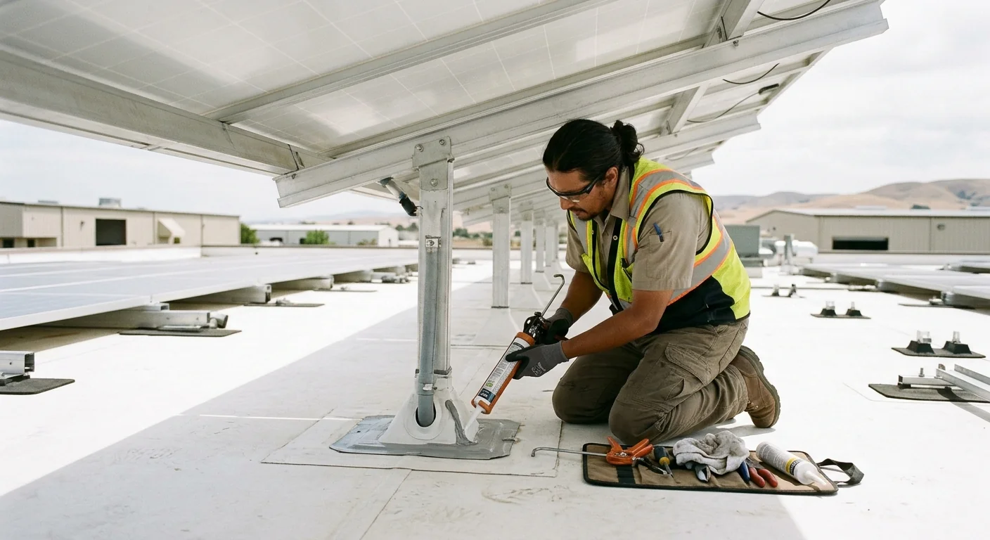 Sealed roof penetration and flashing detail beneath a commercial solar array