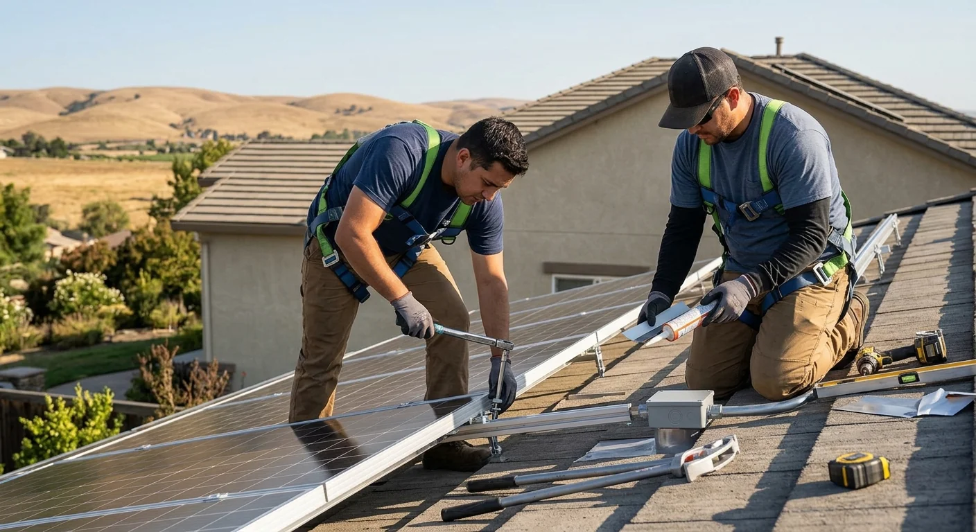 Off-grid solar panels and battery system installed at a rural Tracy property