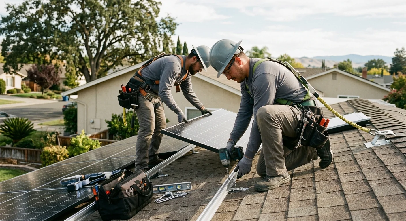 Technician wiring an off-grid solar battery bank at a rural Tracy property