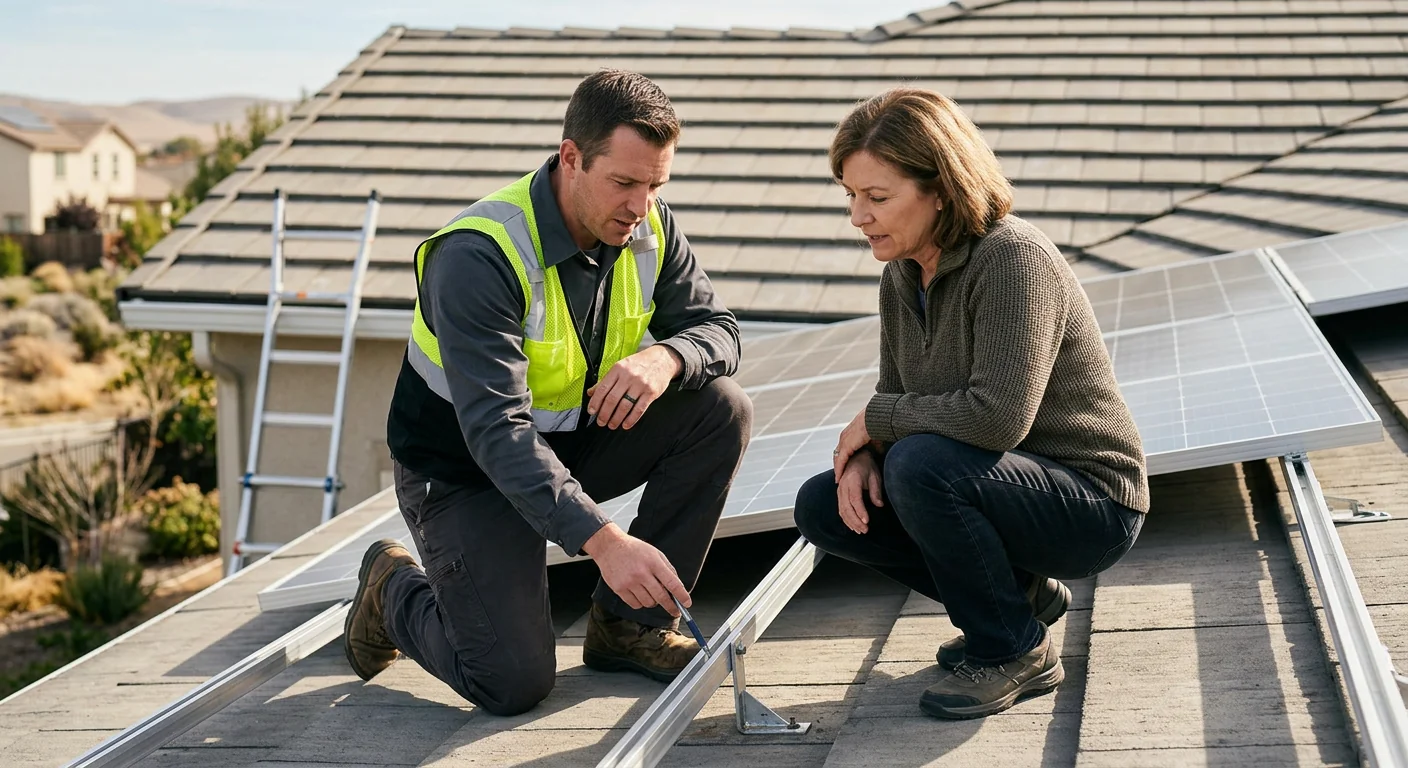Solar installer reviewing itemized cost estimate for a Tracy residential rooftop solar system