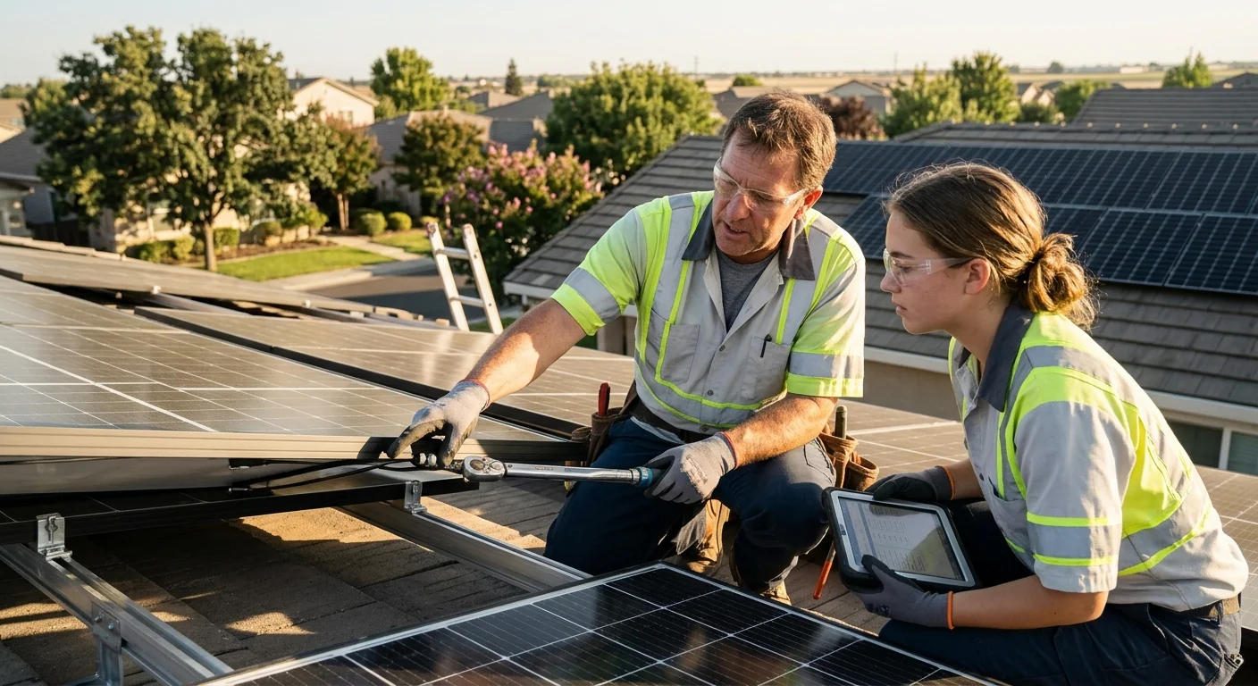 Technician reviewing residential solar panel layout on a Tracy home rooftop