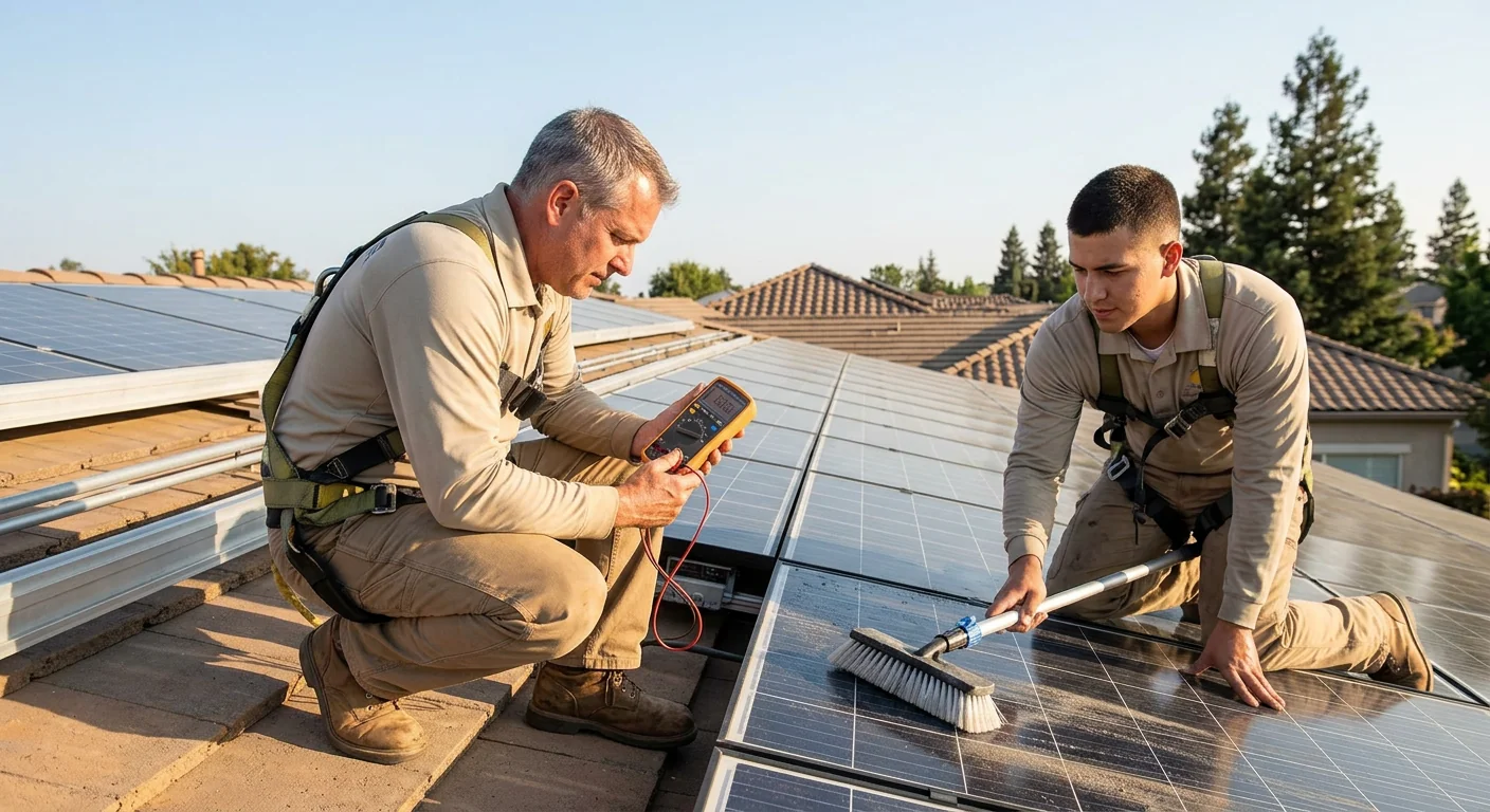Technician mounting rooftop solar panels on a residential home in Tracy