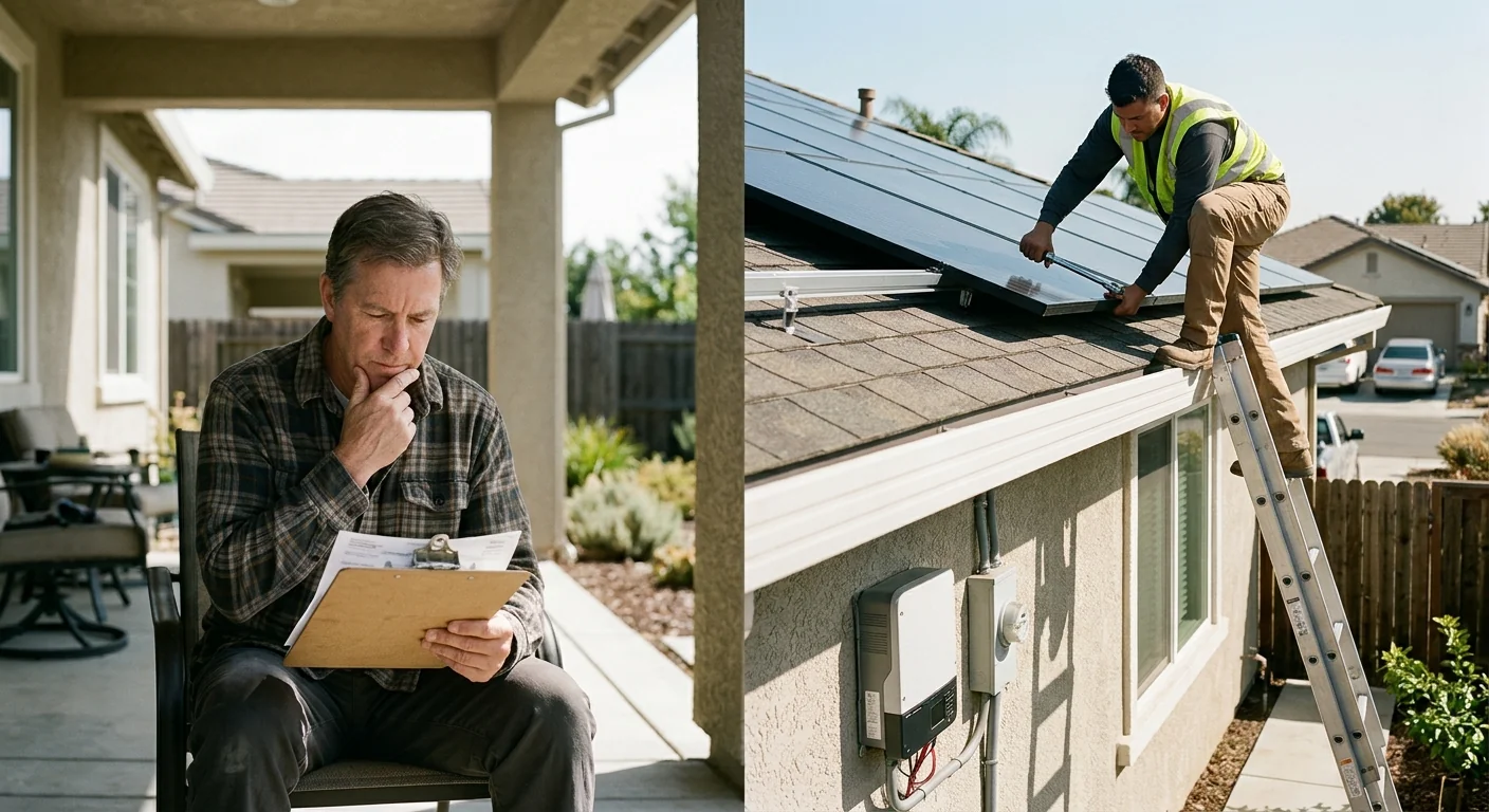 Homeowner reviewing rising energy bills beside a sunlit roof in Tracy