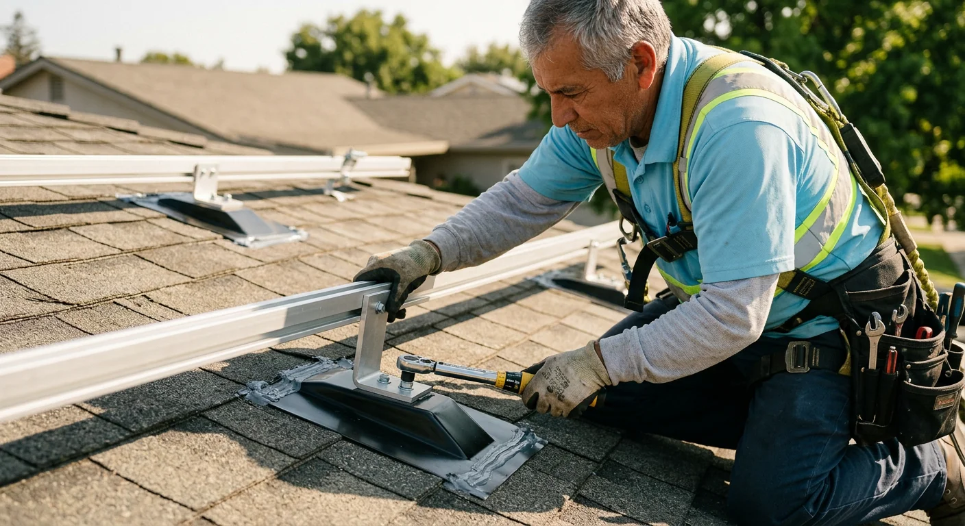 Close-up of torque-verified rail attachment and sealed roof flashing on a Tracy home
