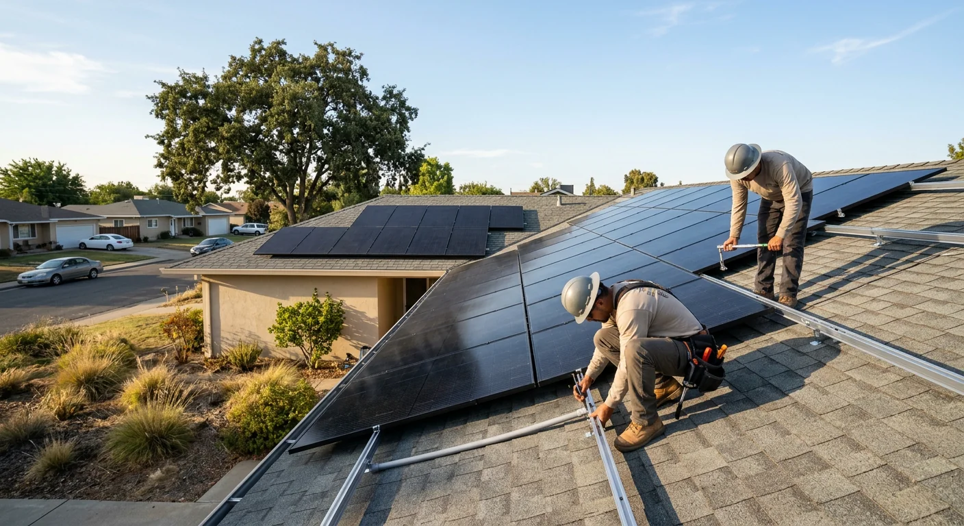 Wide shot of finished rooftop solar array on a single-story Tracy residence