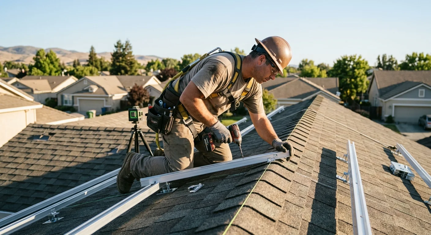 Installer aligning solar rails across a multi-plane roof in Tracy sunlight
