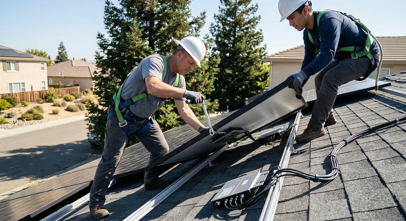 Microinverter panel layout managing partial shading on a two-story Tracy house