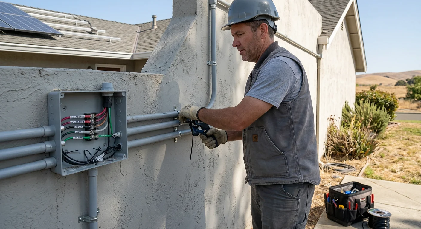 Weather-rated conduit and labeled conductors routed neatly along an exterior wall