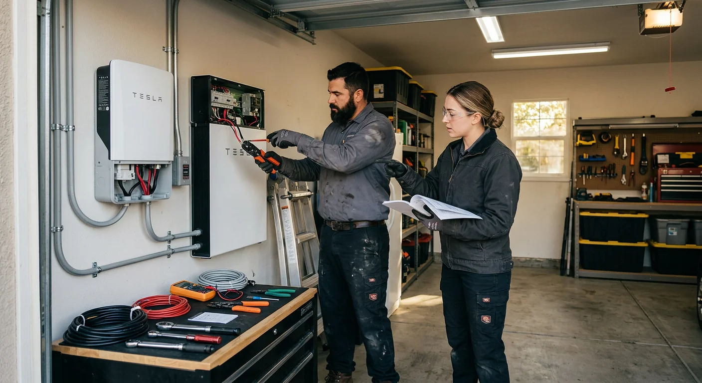 Wall-mounted solar battery and inverter setup inside a Tracy home garage