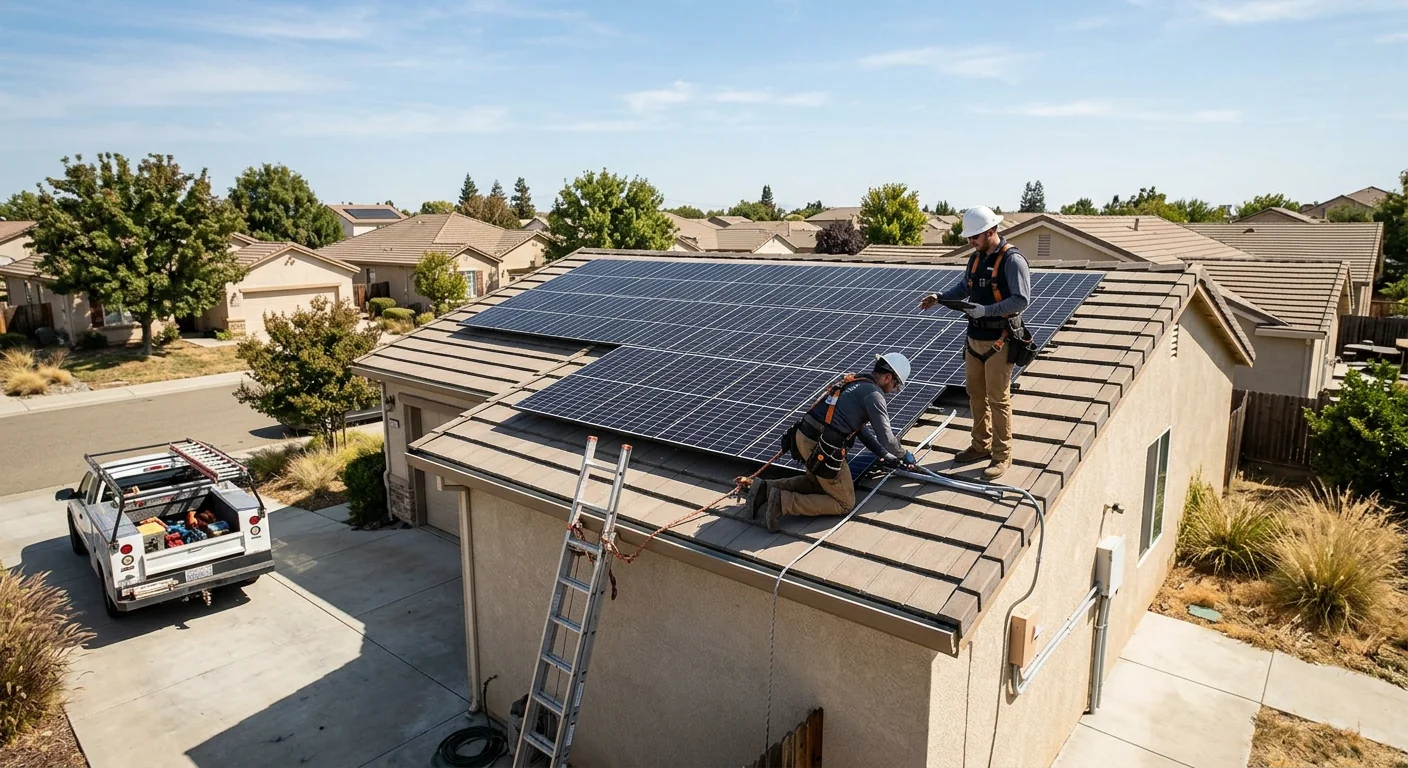 Completed residential solar system with clean panel rows under clear Tracy skies