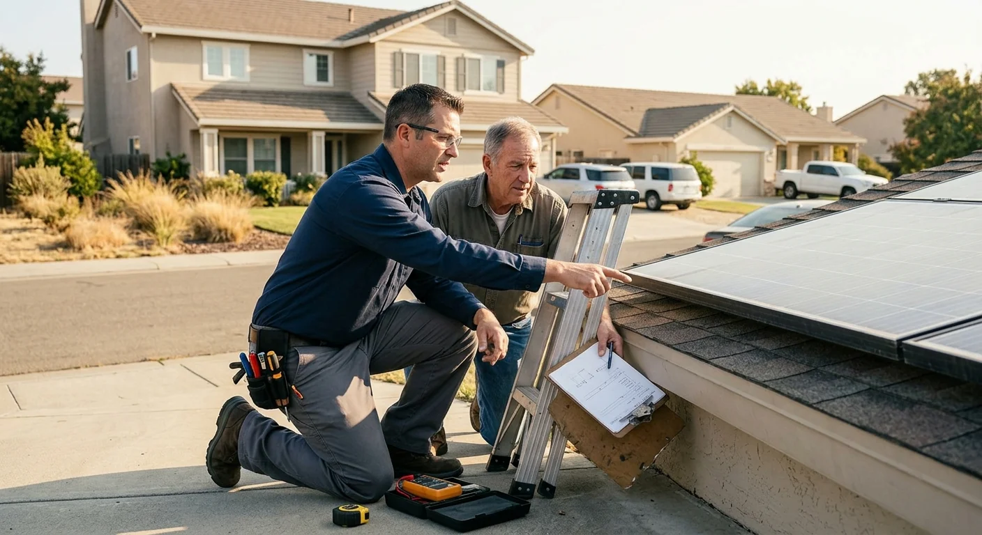 Technician reviewing solar battery capacity options with a Tracy homeowner near an electrical panel