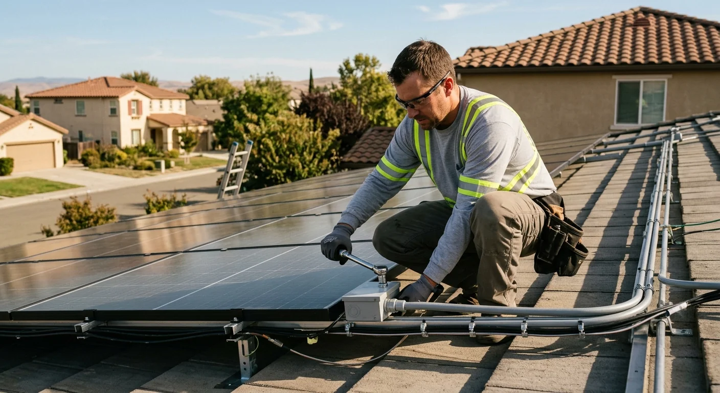 Technician reviewing solar battery storage plan with Tracy homeowner beside installed inverter