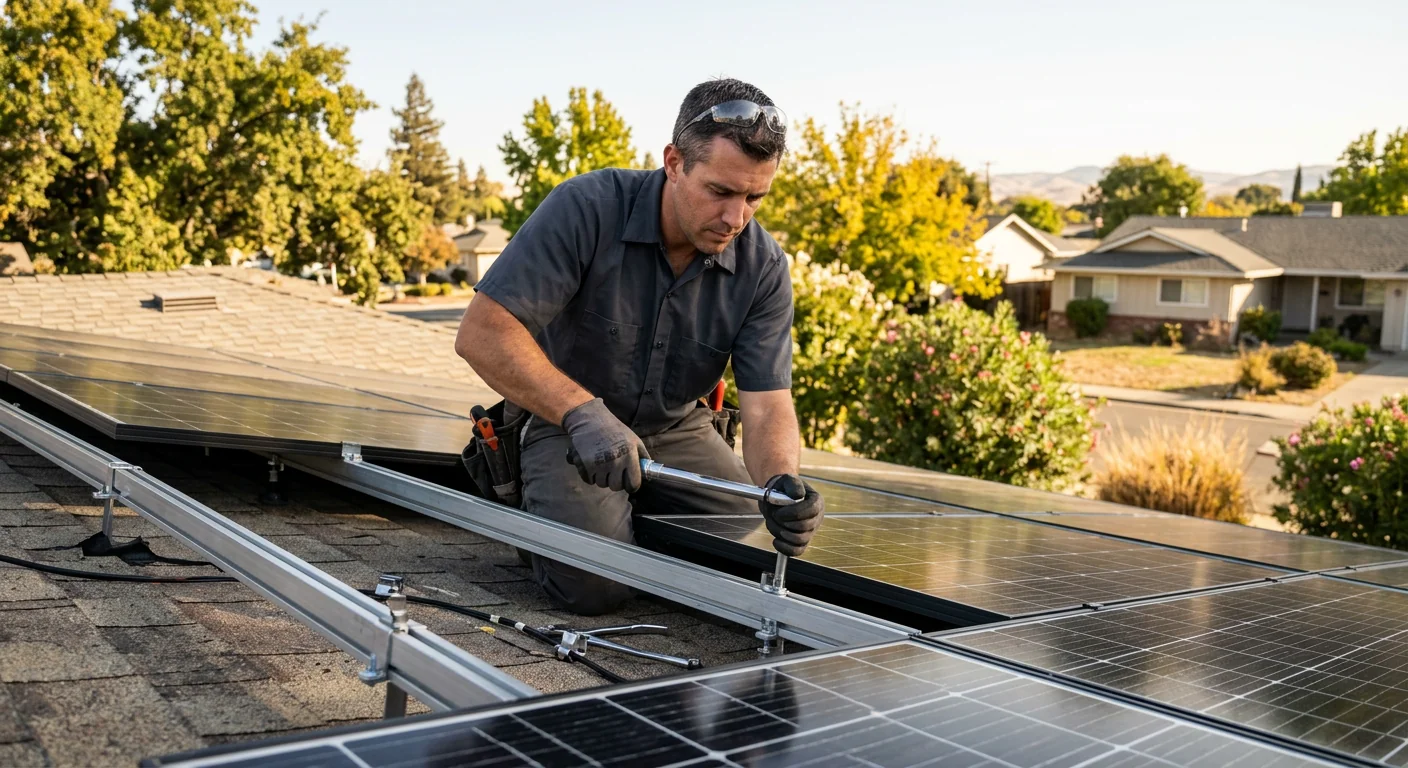 Technician mounting a solar battery storage unit inside a Tracy garage
