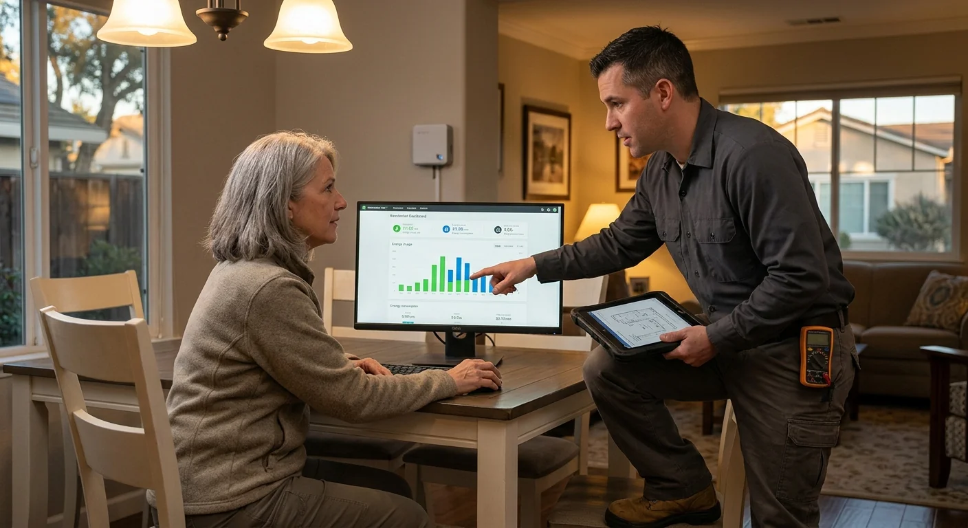 Homeowner reviewing evening energy usage on a monitor in Tracy