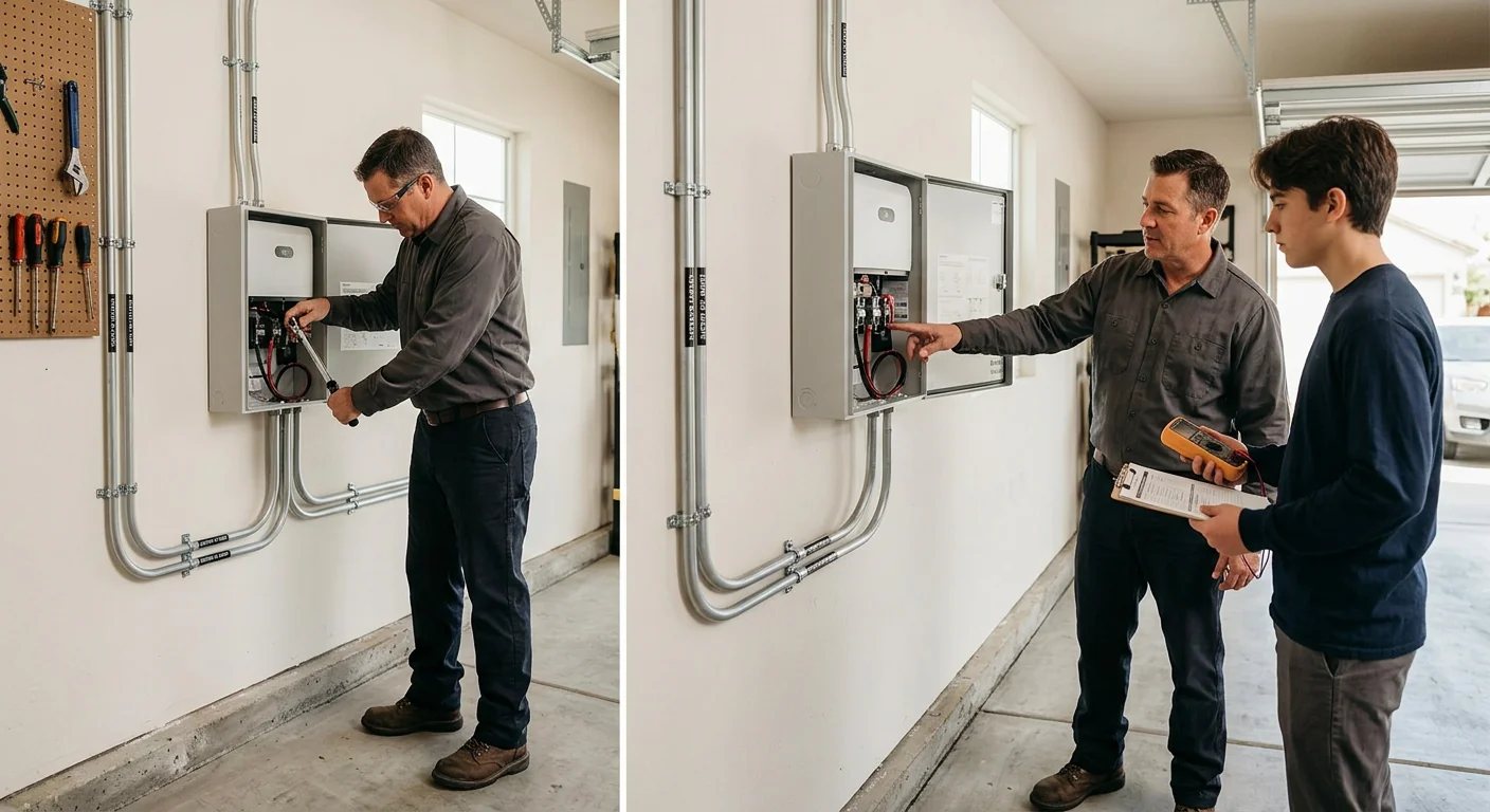 Wall-mounted solar battery enclosure installed in a clean Tracy garage with labeled conduit