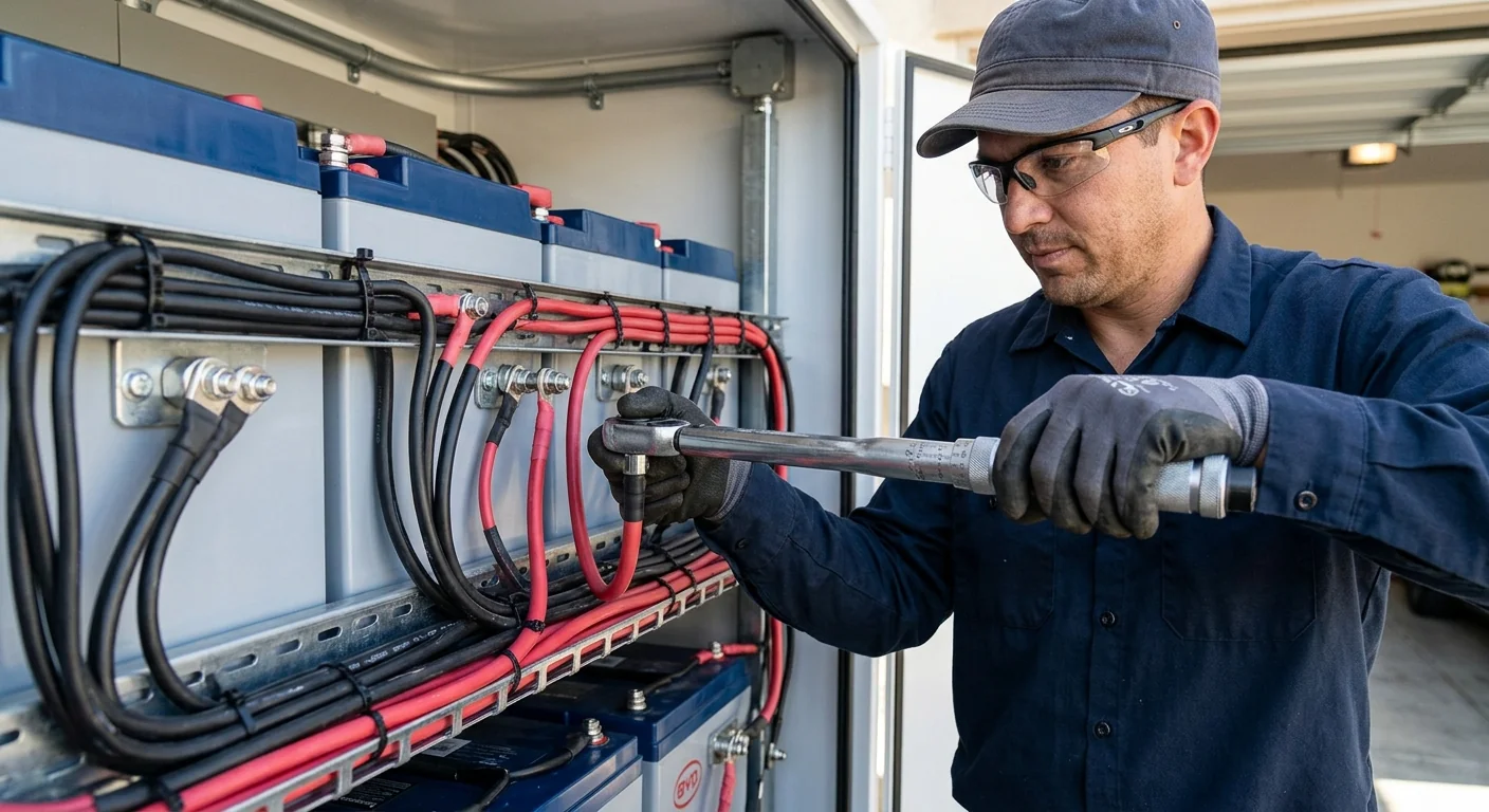Close-up of torqued battery terminals and neatly routed conductors during a Tracy installation