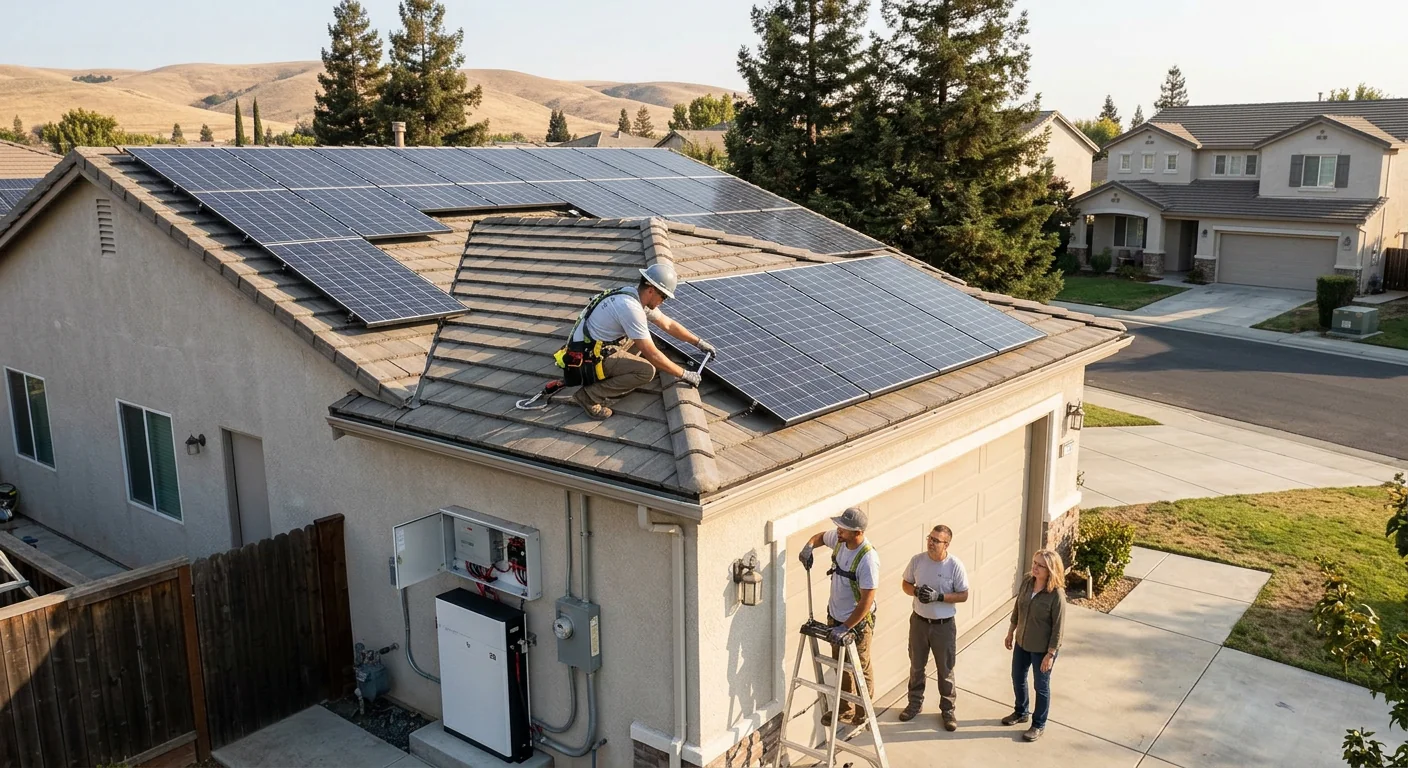 Wide shot of a residential rooftop array paired with new backup battery storage in Tracy
