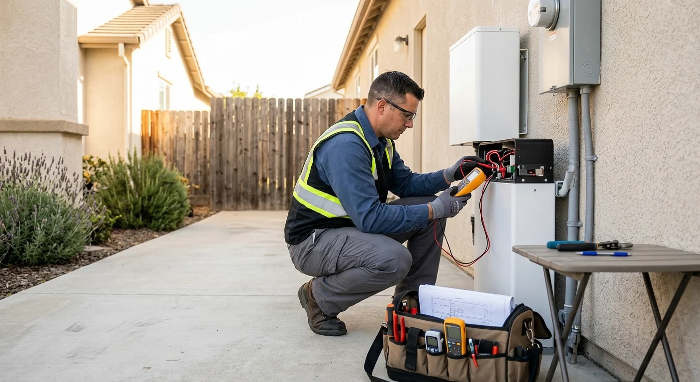 Technician commissioning a solar battery and verifying charge readings on site in Tracy