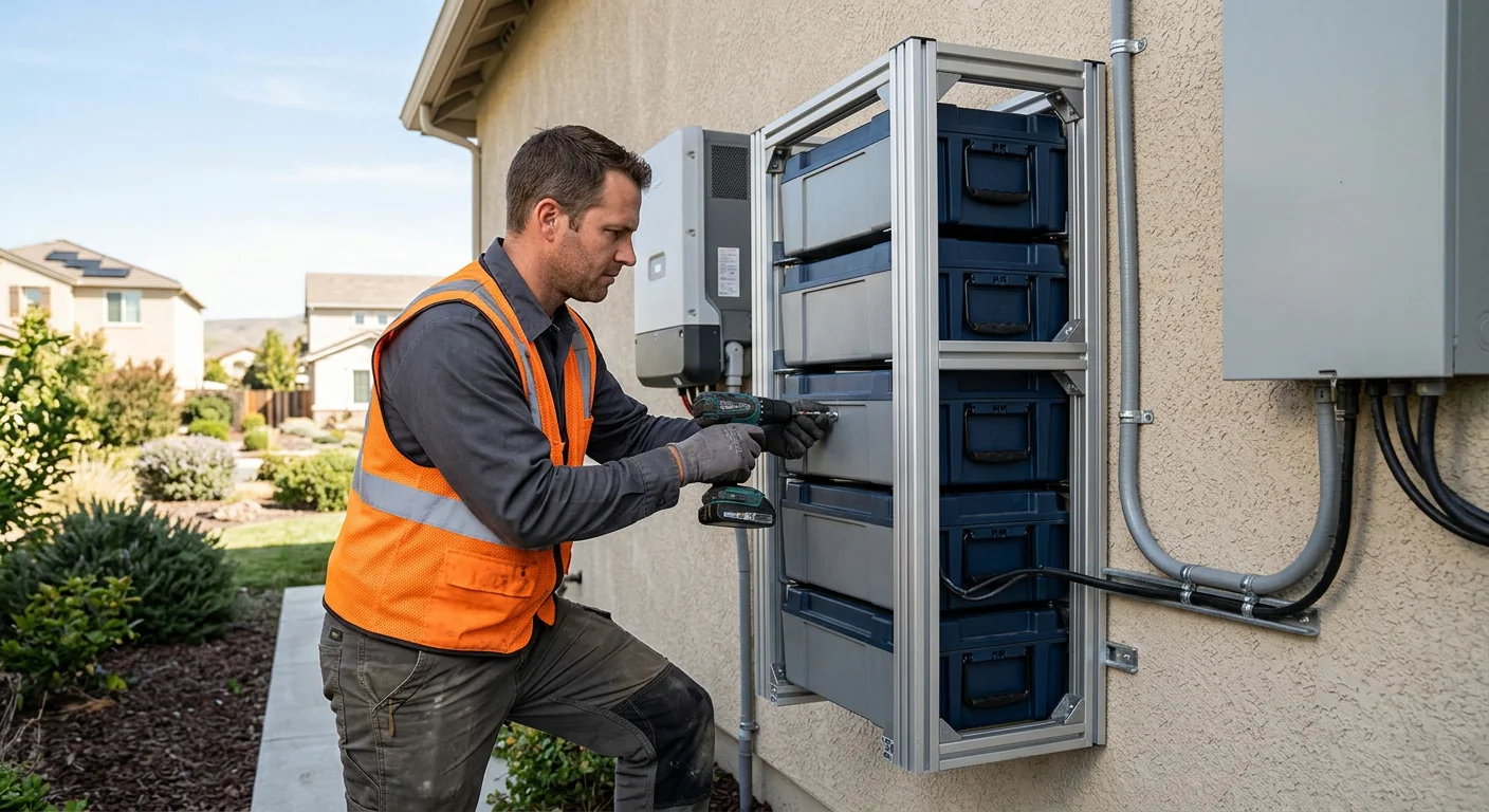 Multiple stacked battery modules mounted on a level exterior wall of a Tracy home