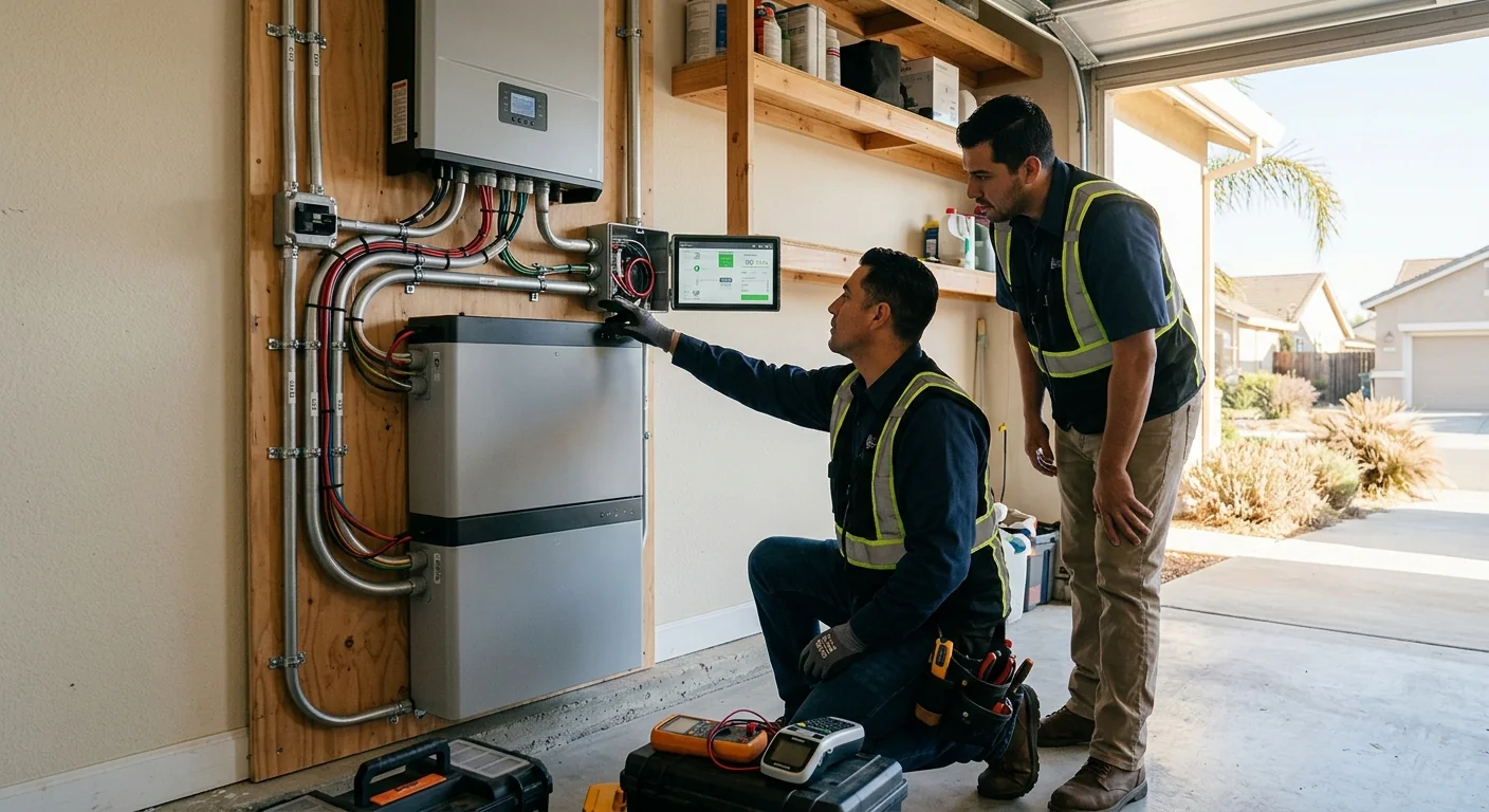 Finished solar battery installation with organized wiring and monitoring display active