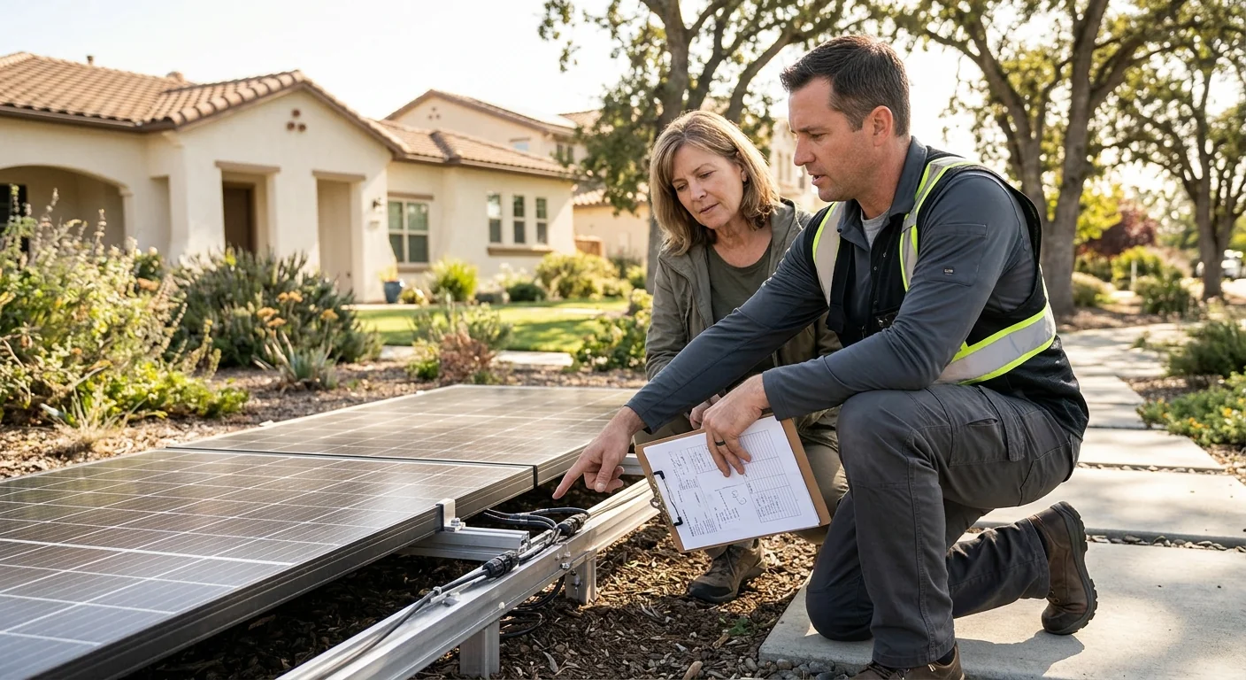 Technician reviewing solar inverter pricing details on a Tracy home wiring panel