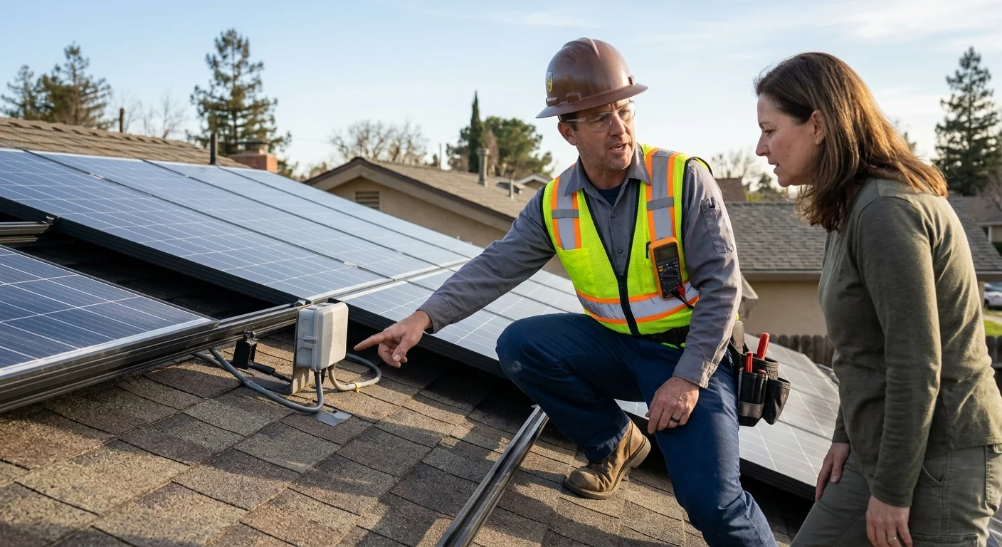 Technician inspecting a newly installed solar inverter on a Tracy home exterior wall