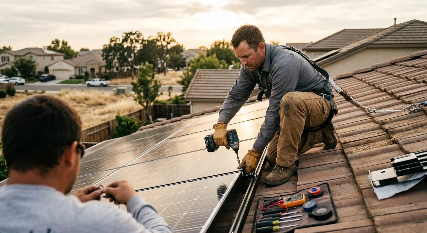 Technician mounting a new solar inverter on a Tracy home exterior wall