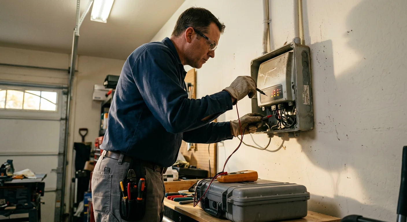 Aging solar inverter showing fault indicators on a Tracy garage wall