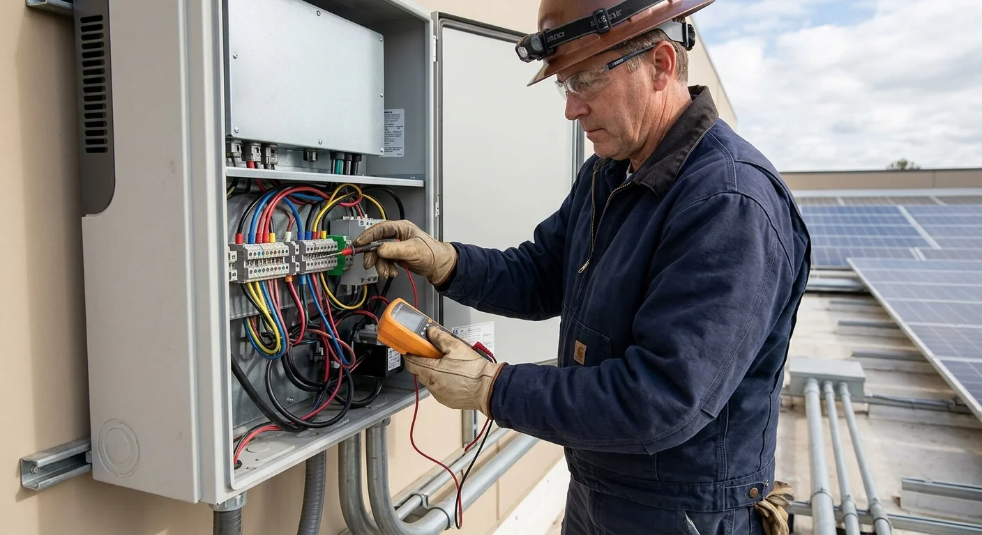 Technician inspecting inverter wiring during a Tracy solar system diagnostic