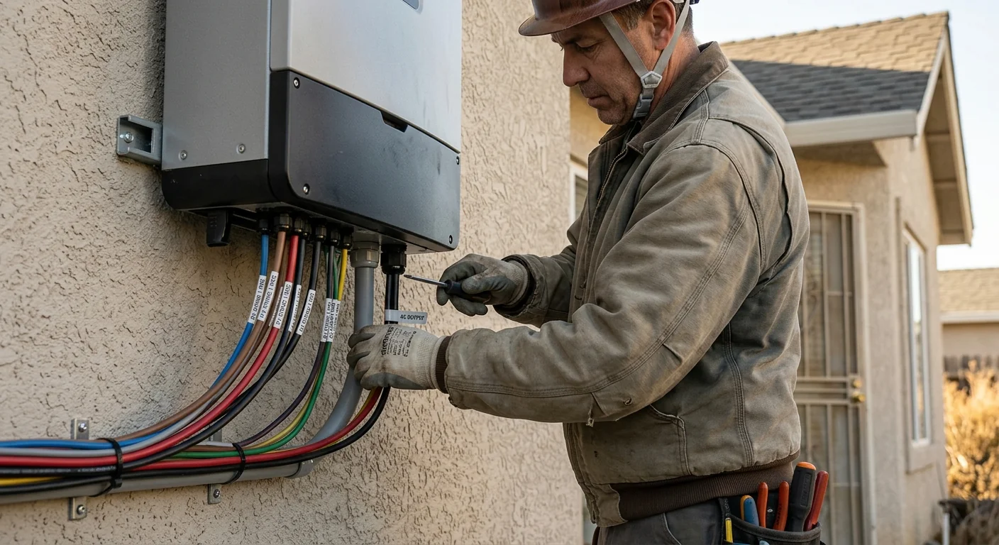 Close-up of a newly mounted string inverter with labeled conductors on a Tracy home