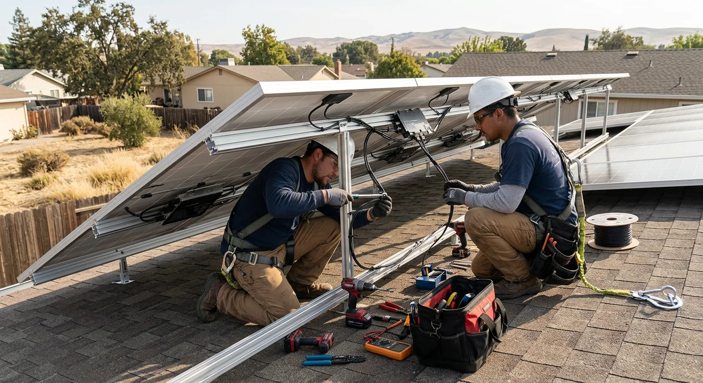 Wide rooftop shot showing microinverters installed beneath solar panels in Tracy