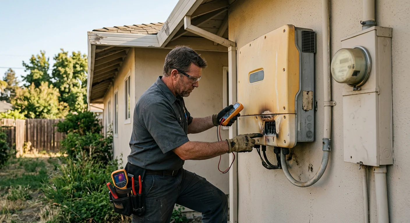 Aging inverter showing heat wear before replacement on an older Tracy residence