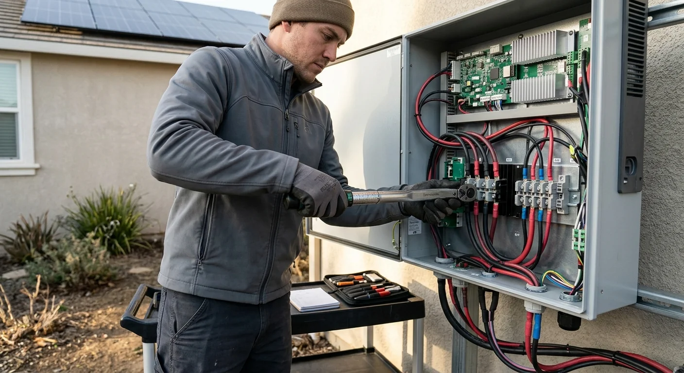Technician torquing DC terminations during an inverter installation sequence