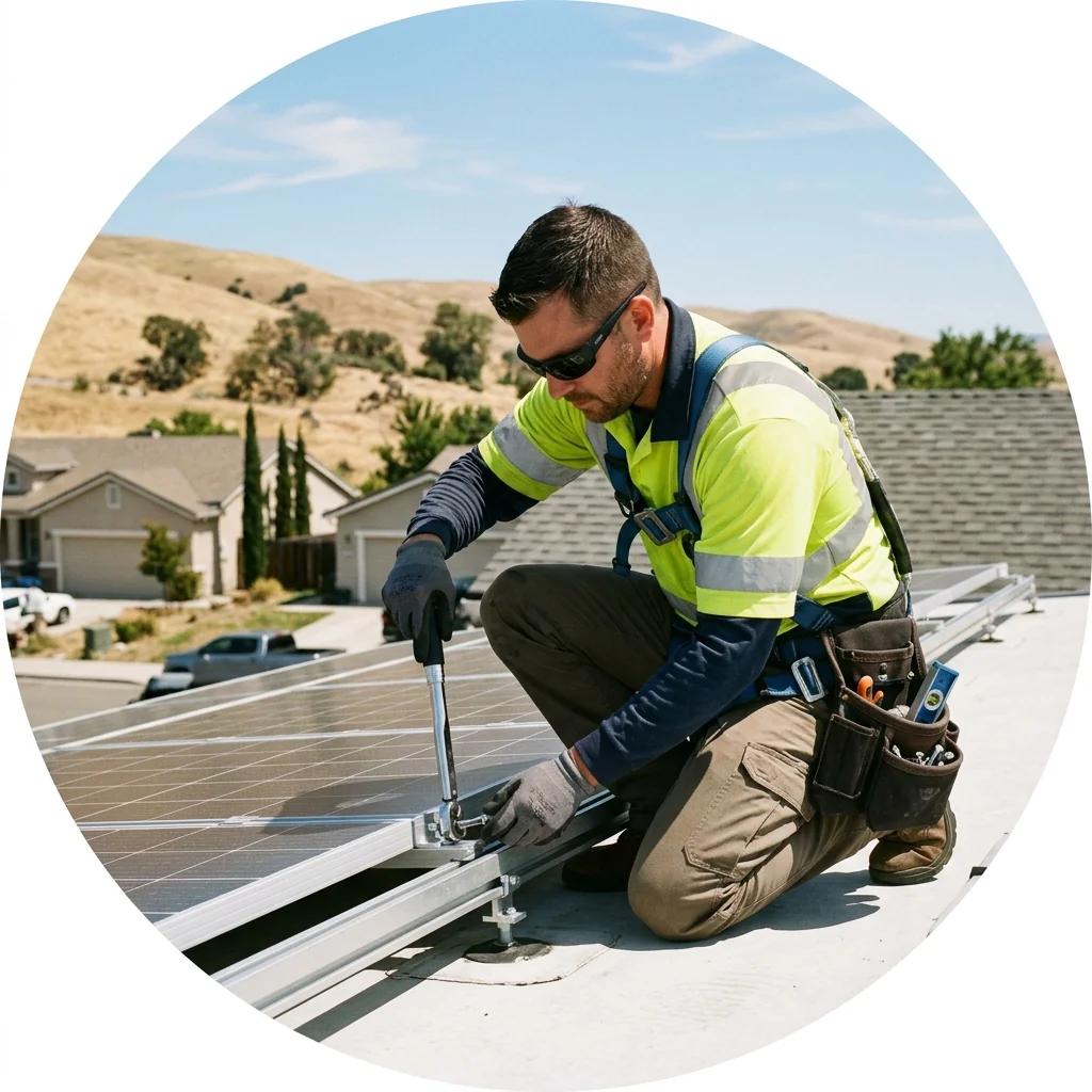 Technician checking solar panel alignment in Tracy