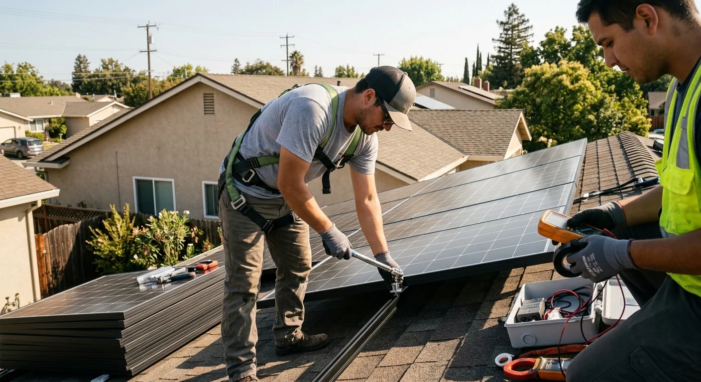 Solar installation team working carefully on a Tracy home rooftop