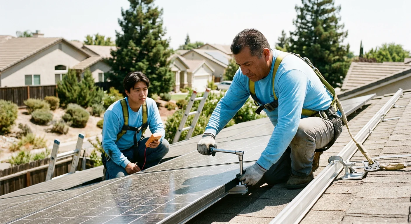 Installer reviewing solar array layout and inverter placement with a homeowner in Tracy