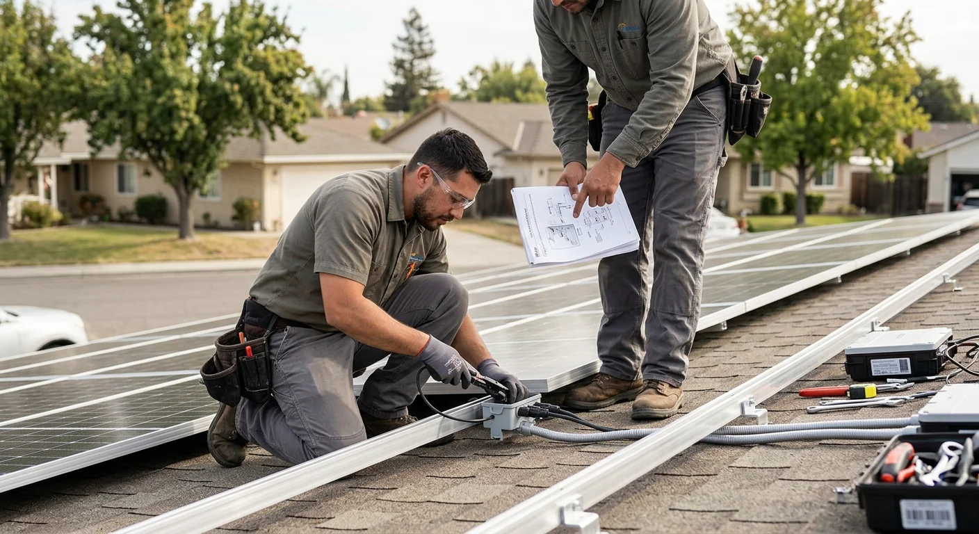 Solar technician reviewing rooftop panel installation details with a homeowner in Tracy