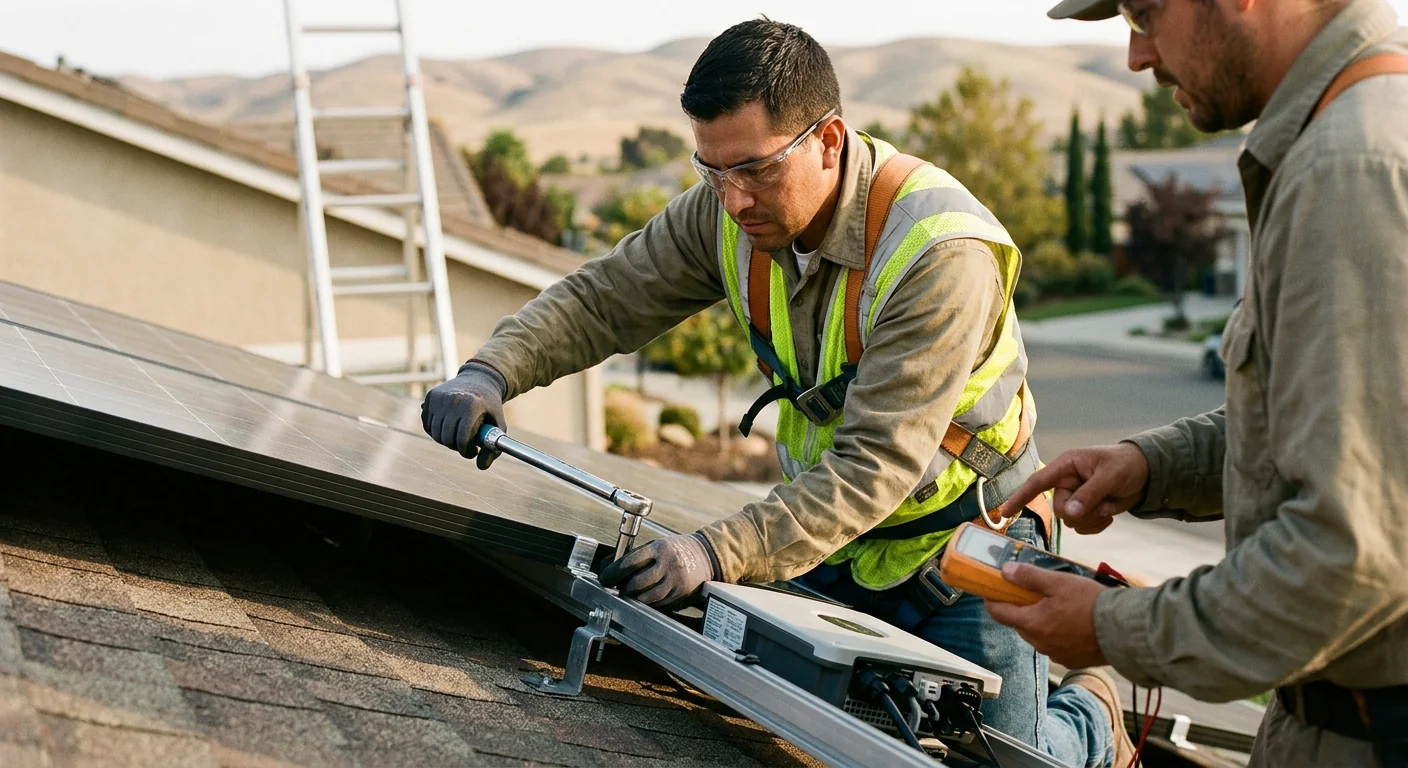 Solar installer reviewing rooftop measurements during a residential estimate visit in Tracy