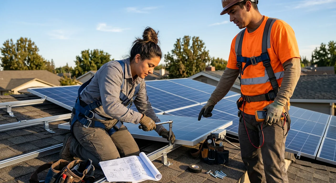 Organized solar installation tools and safety gear staged on a Tracy rooftop before panel mounting