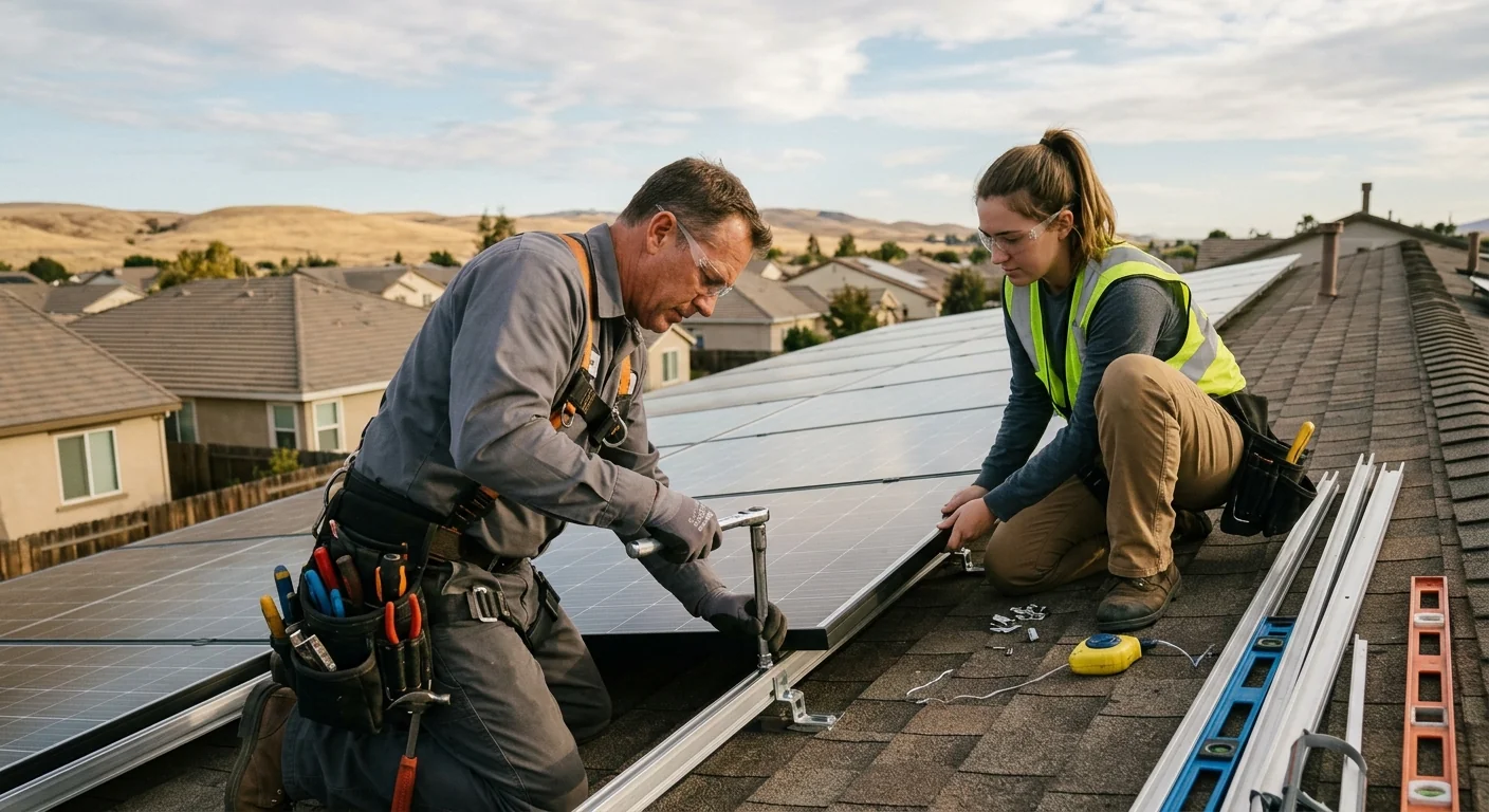 Solar technician measuring a Tracy rooftop during a residential estimate visit