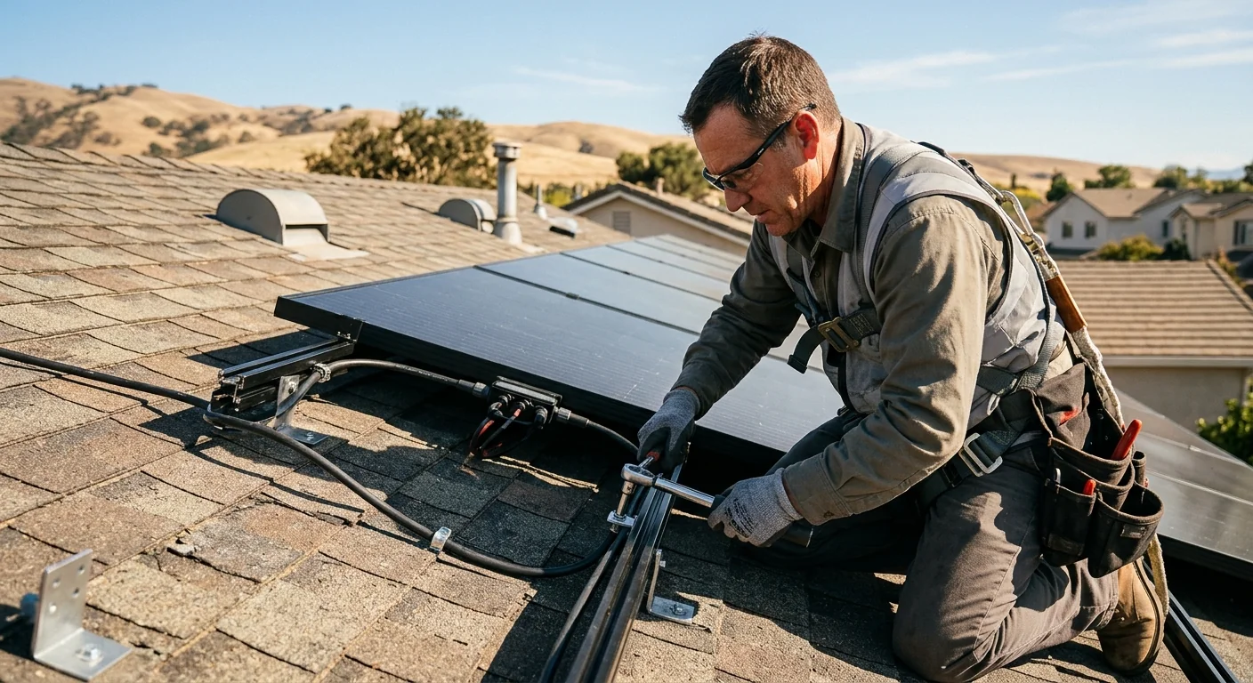 Solar technician reviewing panel inspection notes with a Tracy homeowner outside a house